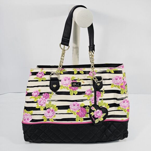 Luv Betsey by Betsey Johnson Black Floral Striped Quilted Tote Purse Heart Charm - Picture 1 of 11